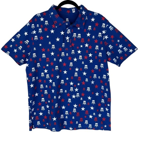 BARSTOOL Sports Shirt Mens Large Blue Red White Short Sleeve All Over Print - Picture 1 of 5